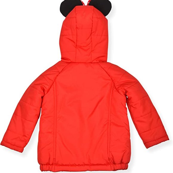 Disney Girl's Minnie Mouse Print Hooded Puffer Jacket with Ears and Bow - 2T - Picture 2 of 2